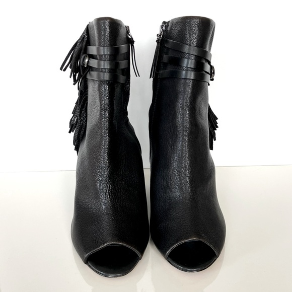 Rebecca Minkoff Black Fringe Stevie Peep Toe Wedge Booties Size 10 - Picture 2 of 15